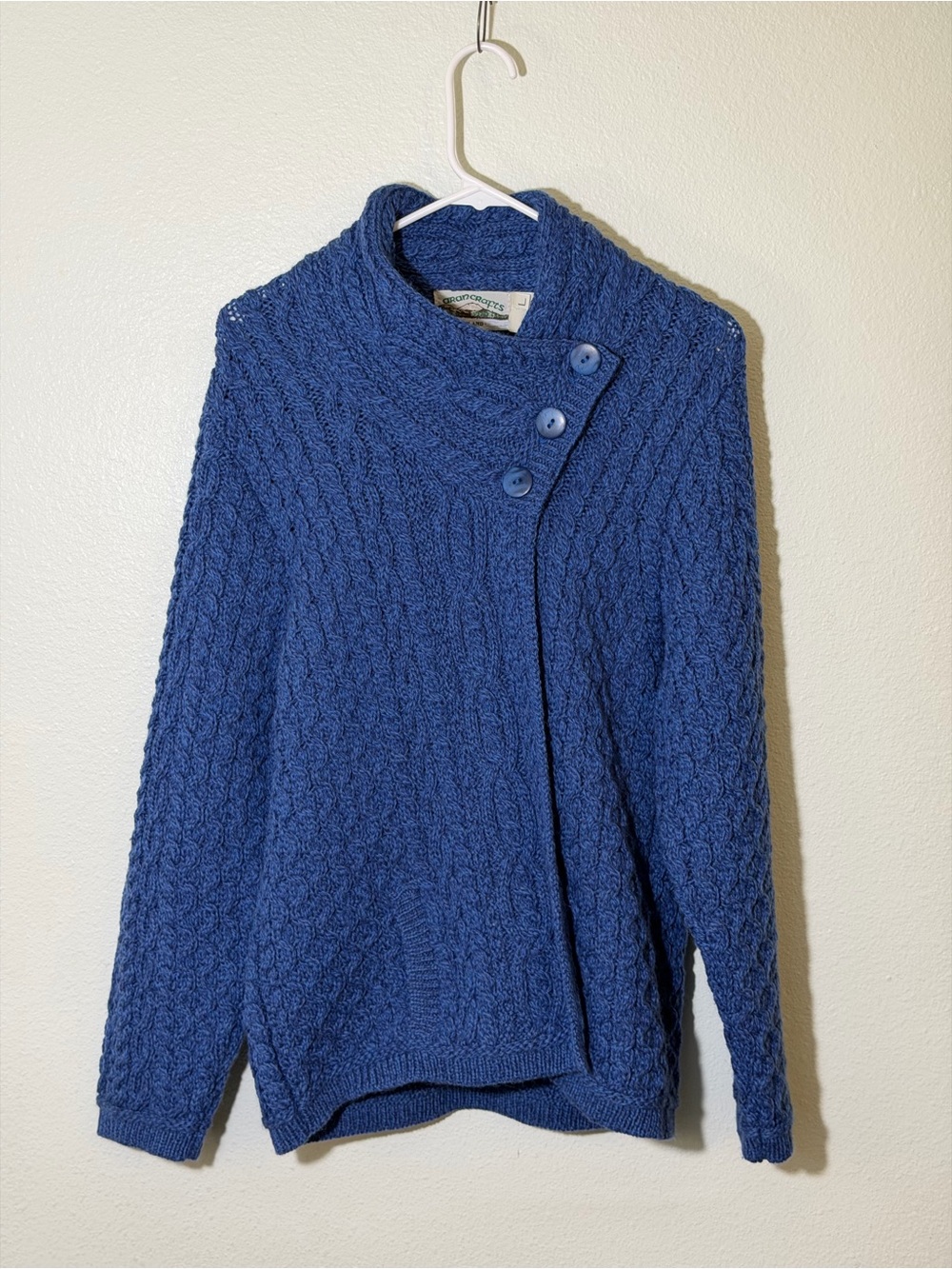 Aran Crafts CARDIGAN Sweater Women’s Sz Large Blue Merino Wool Ireland MINT!